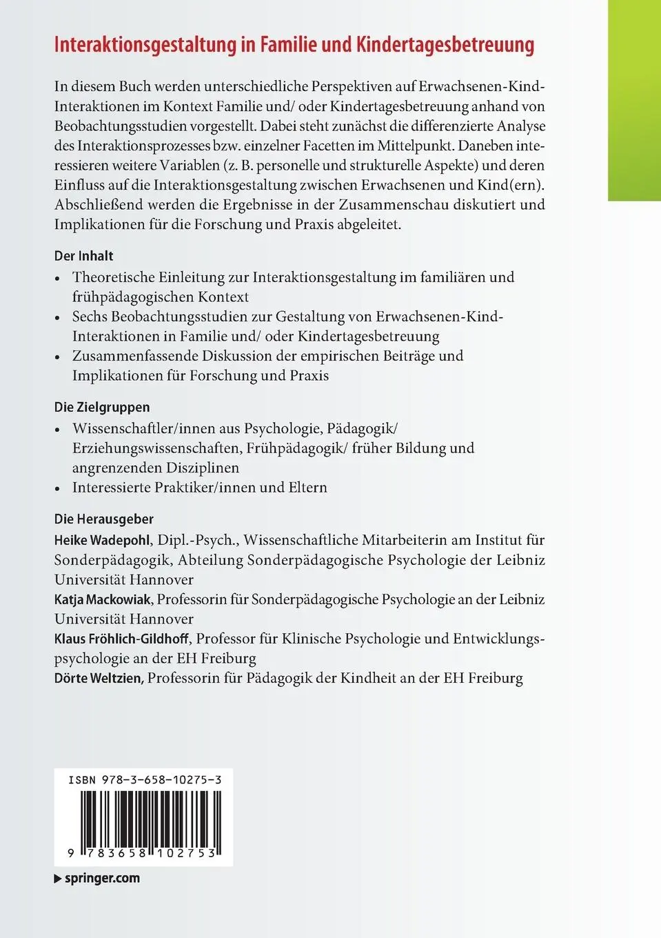 Rückseite: 9783658102753 | Interaktionsgestaltung in Familie und Kindertagesbetreuung | Buch