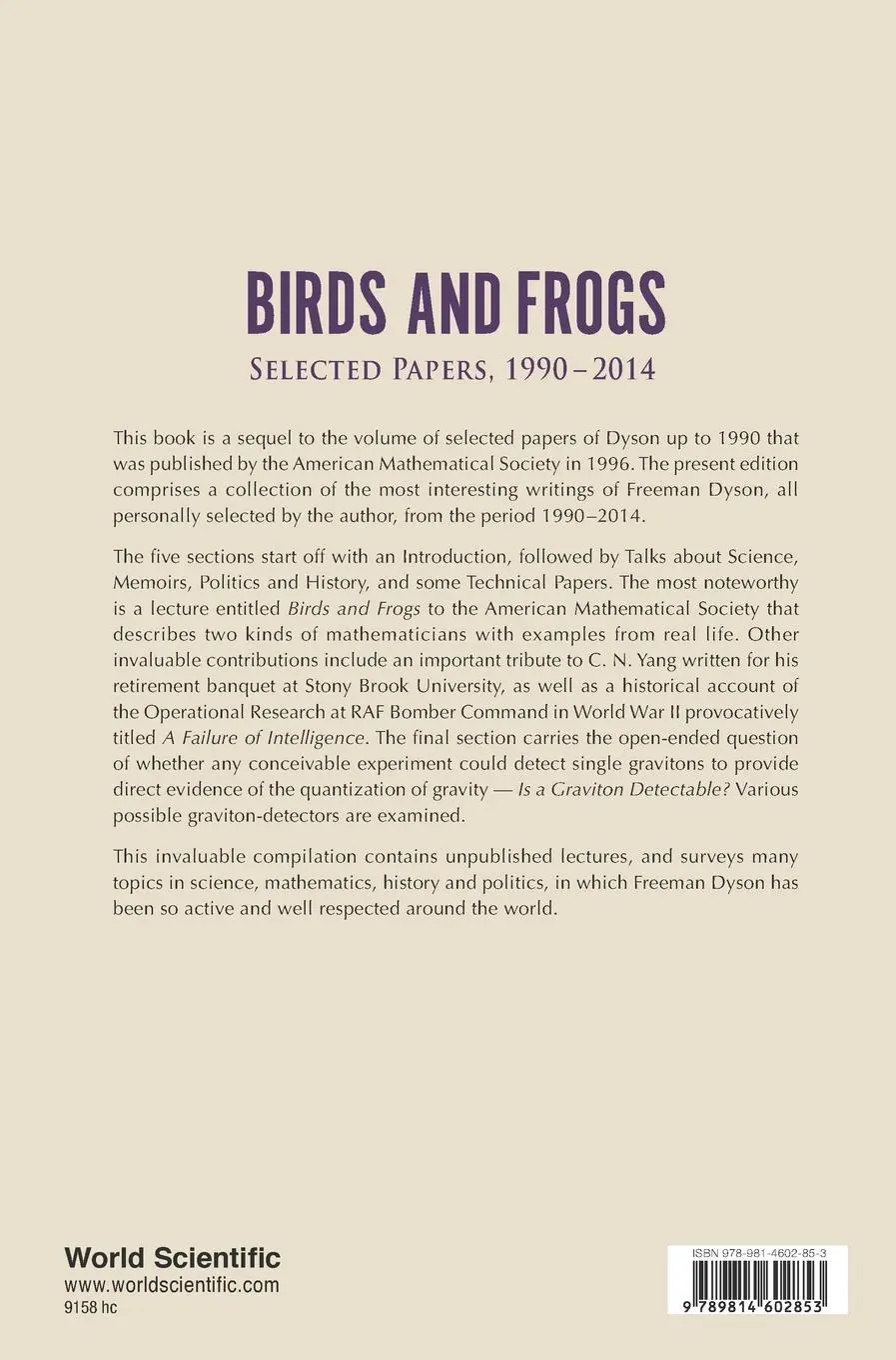 Rückseite: 9789814602853 | BIRDS AND FROGS | SELECTED PAPERS OF FREEMAN DYSON, 1990-2014 | Dyson