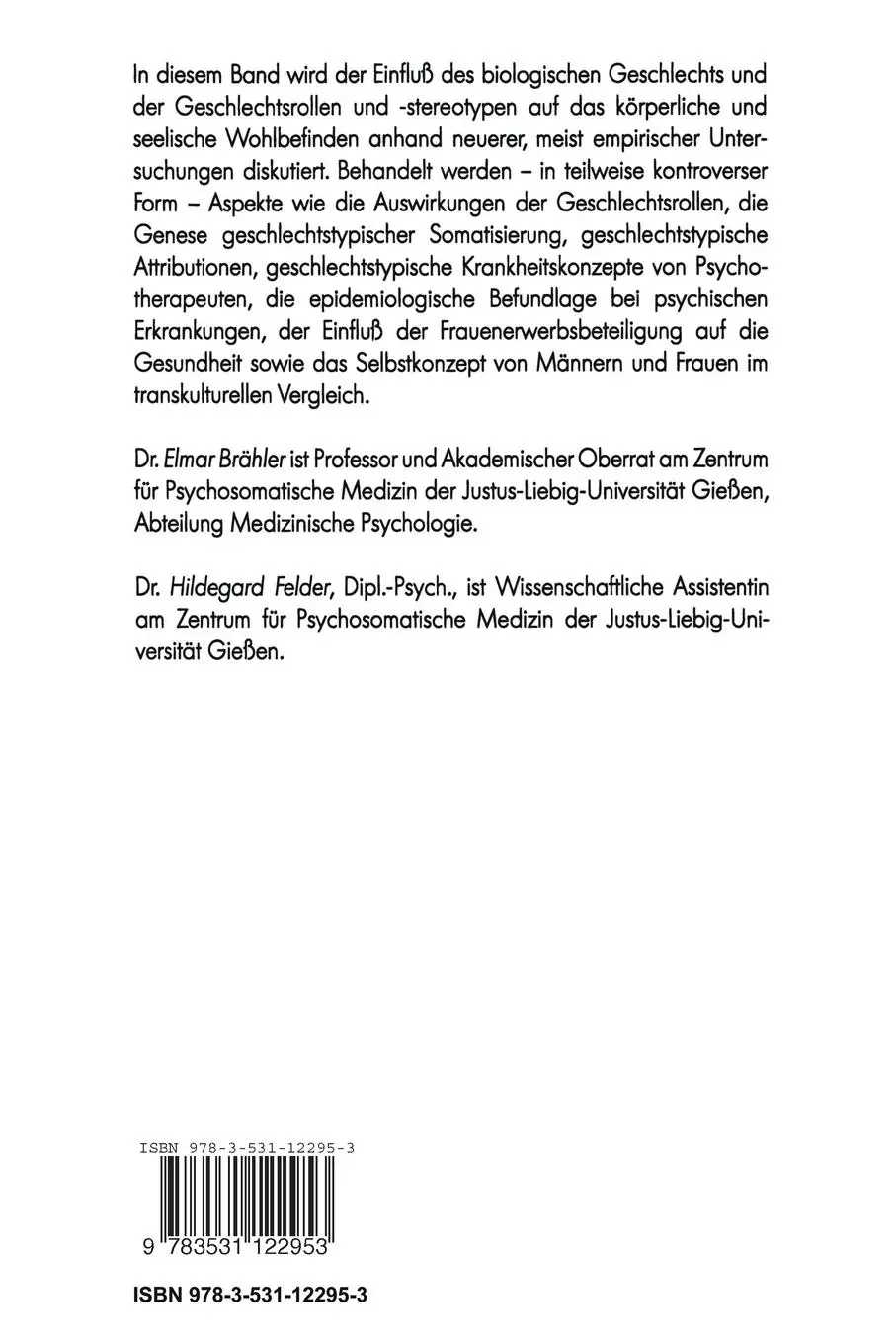 Rückseite: 9783531122953 | Weiblichkeit, Männlichkeit und Gesundheit | Elmar Brähler | Buch