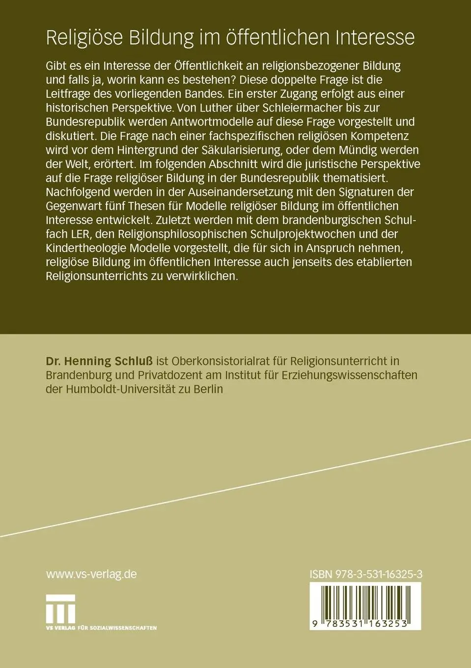 Rückseite: 9783531163253 | Religiöse Bildung im öffentlichen Interesse | Henning Schluß | Buch