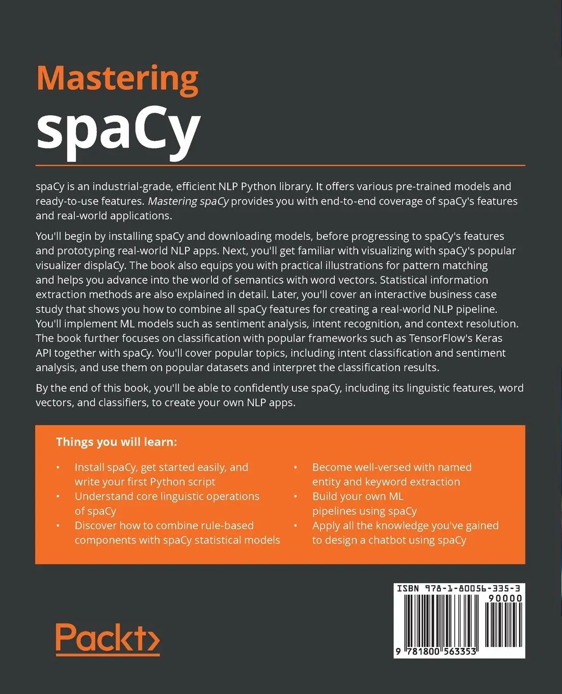 Rückseite: 9781800563353 | Mastering spaCy | Duygu Altinok | Taschenbuch | Englisch | 2021
