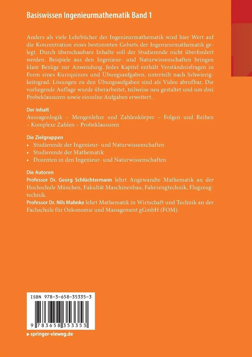 Rückseite: 9783658353353 | Basiswissen Ingenieurmathematik Band 1 | Nils Mahnke (u. a.) | Buch
