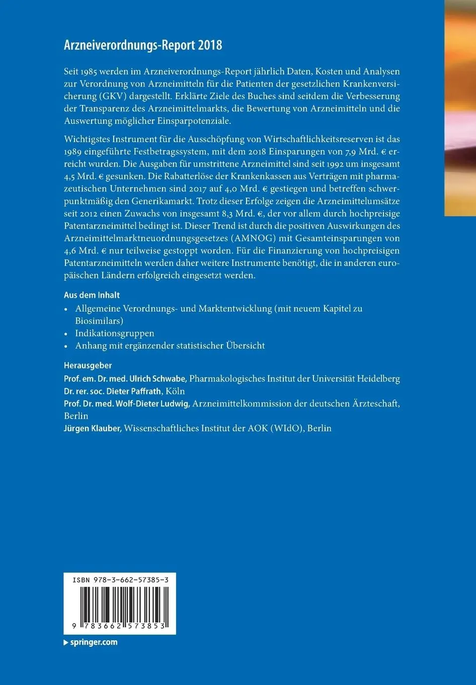 Rückseite: 9783662573853 | Arzneiverordnungs-Report 2018 | Ulrich Schwabe (u. a.) | Taschenbuch
