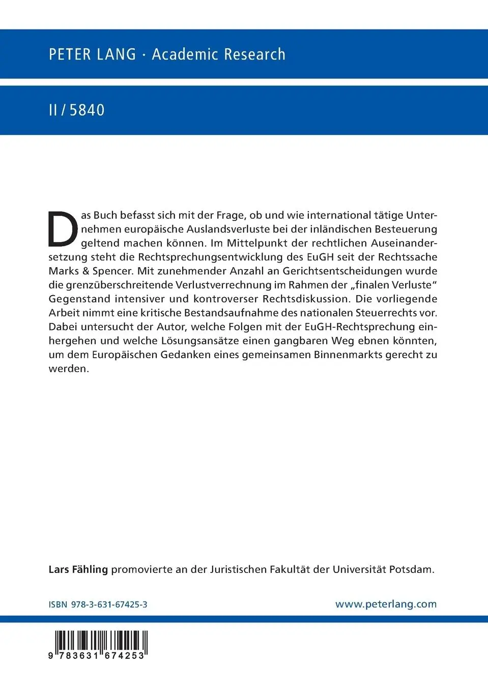 Rückseite: 9783631674253 | Die grenzüberschreitende Verlustverrechnung international...