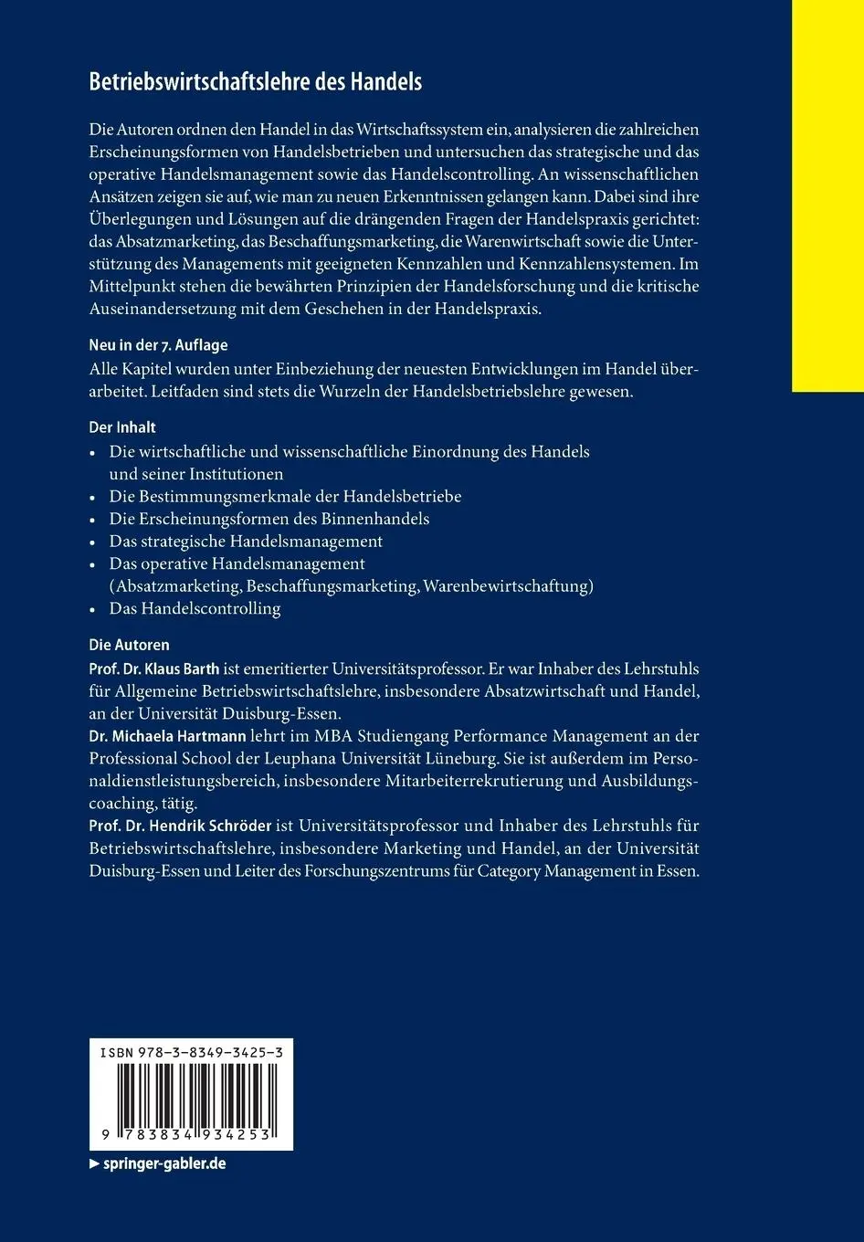 Rückseite: 9783834934253 | Betriebswirtschaftslehre des Handels | Klaus Barth (u. a.) | Buch | xv