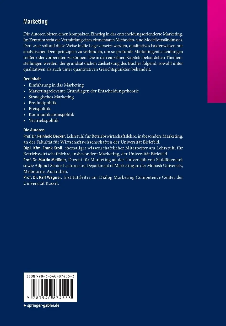 Rückseite: 9783540874553 | Marketing | Eine entscheidungsorientierte Einführung | Decker (u. a.)