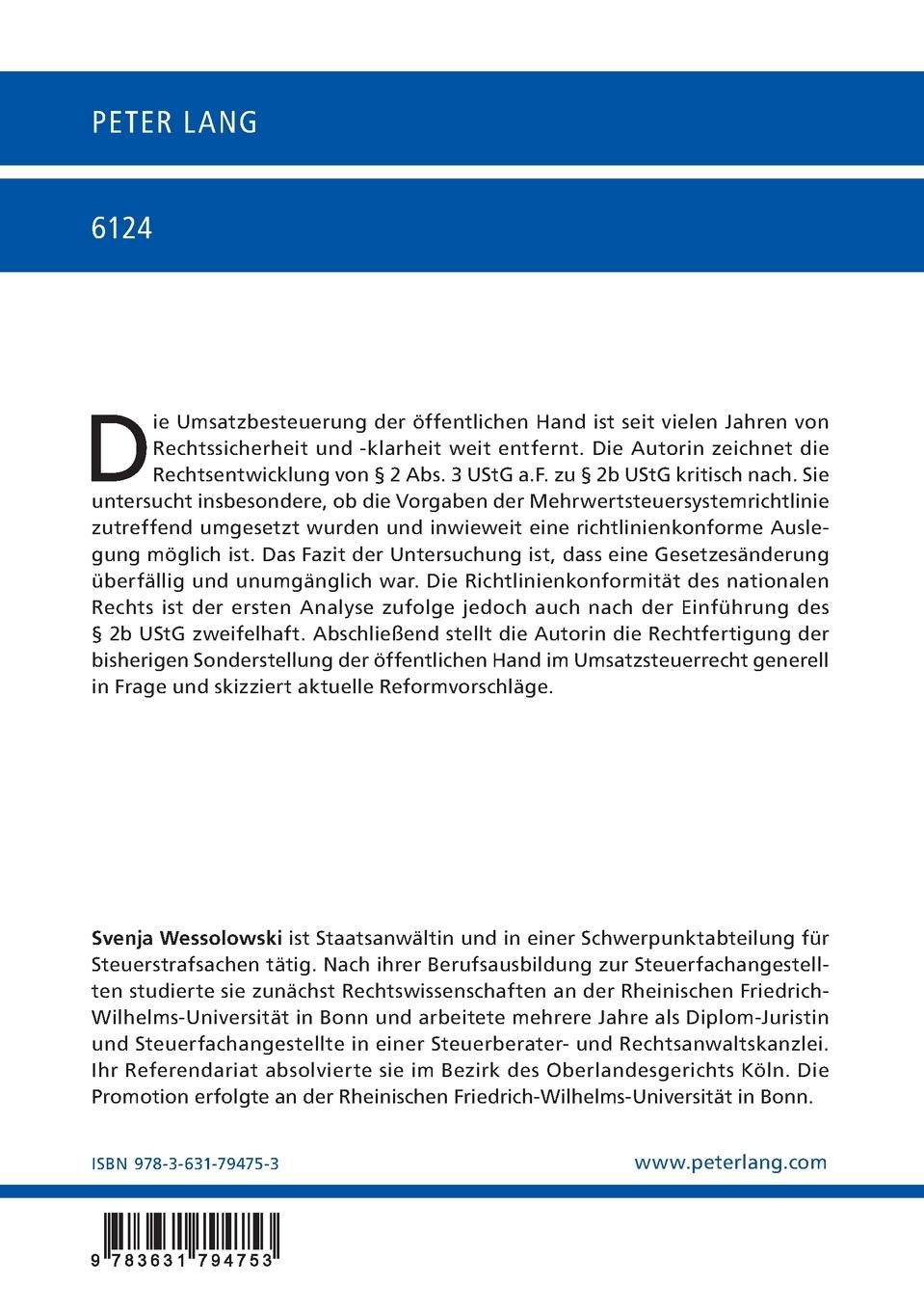 Rückseite: 9783631794753 | Die Entwicklung der Umsatzbesteuerung der öffentlichen Hand | Buch