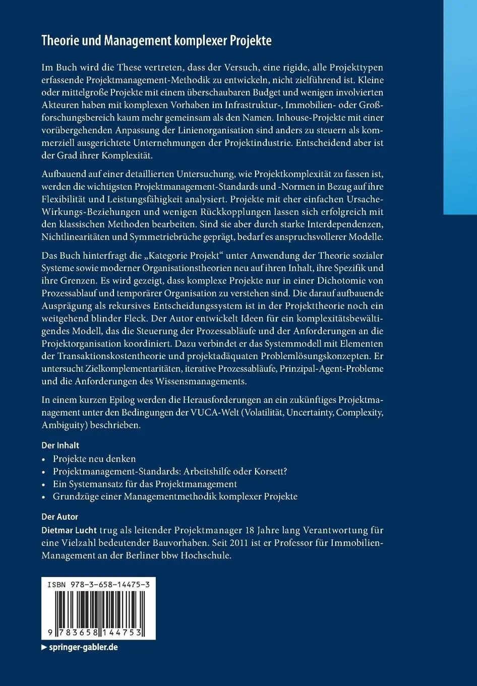 Rückseite: 9783658144753 | Theorie und Management komplexer Projekte | Dietmar Lucht | Buch | xxi