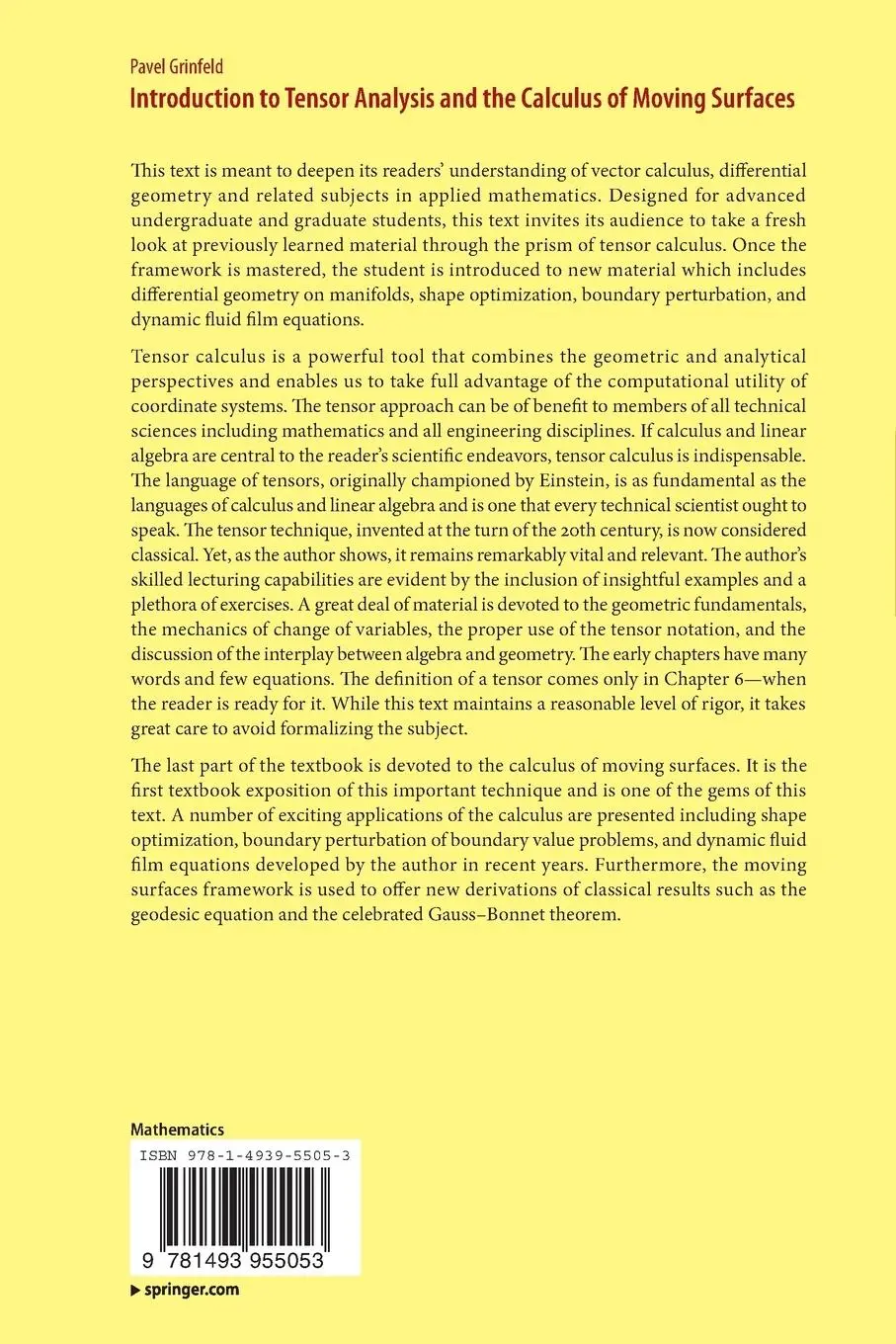 Rückseite: 9781493955053 | Introduction to Tensor Analysis and the Calculus of Moving Surfaces