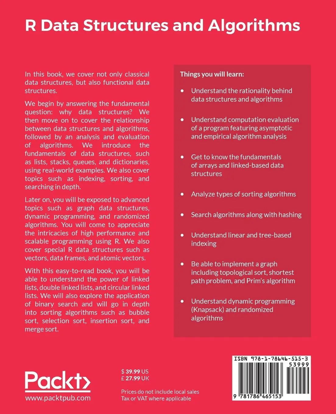 Rückseite: 9781786465153 | R Data Structures and Algorithms | Pks Prakash (u. a.) | Taschenbuch