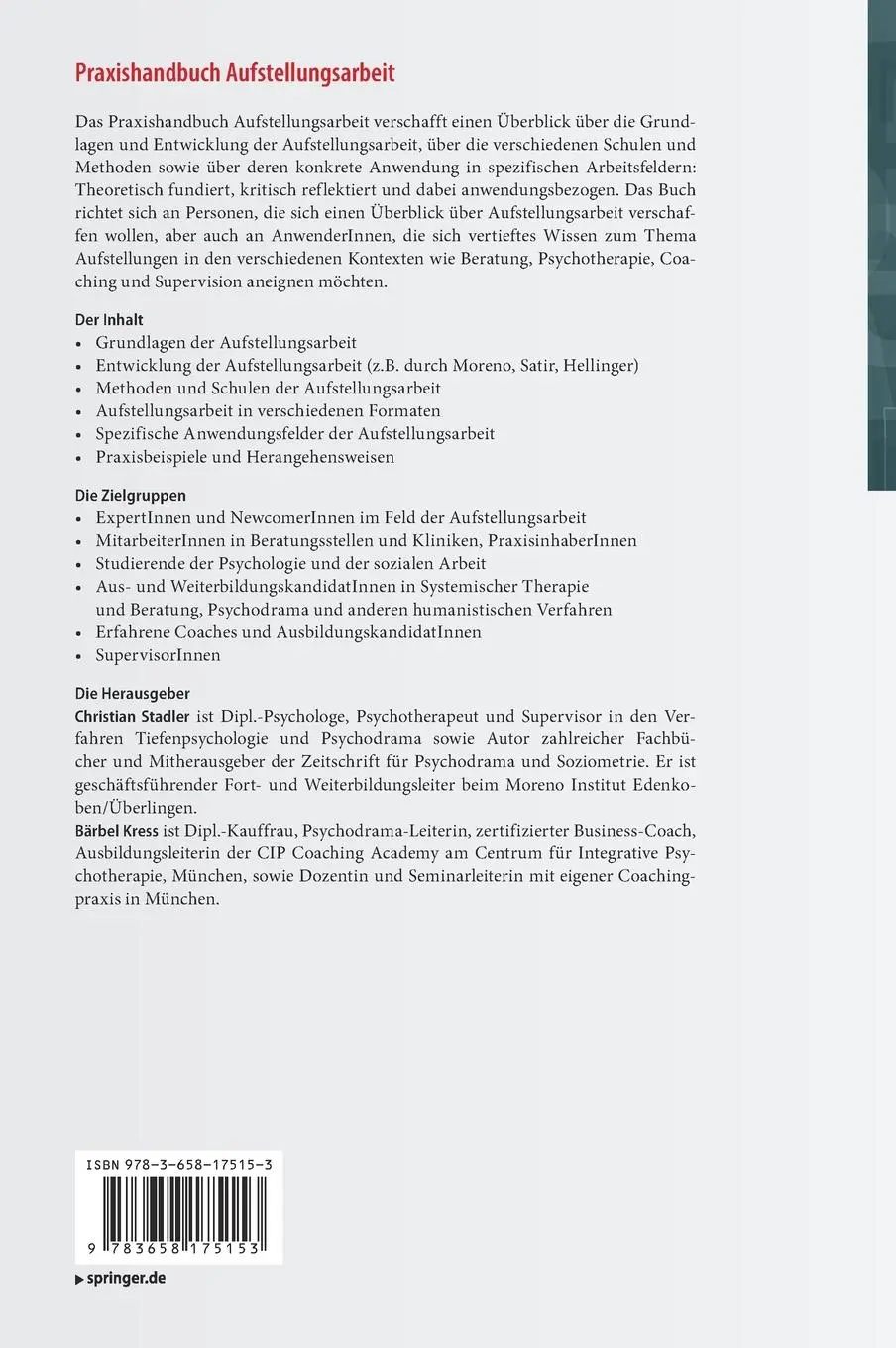 Rückseite: 9783658175153 | Praxishandbuch Aufstellungsarbeit | Bärbel Kress (u. a.) | Buch | xiv