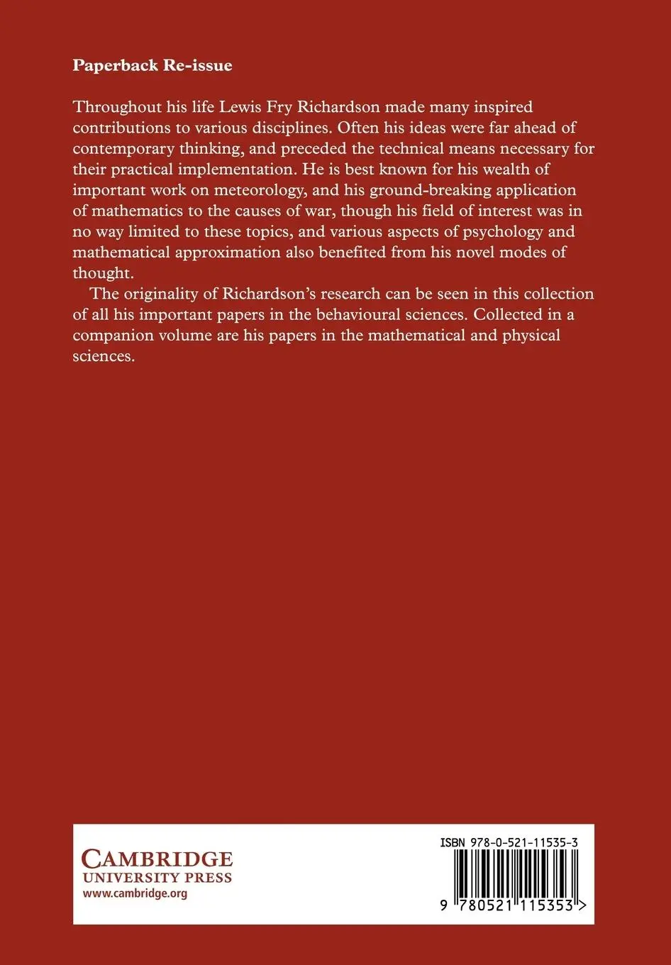 Rückseite: 9780521115353 | The Collected Papers of Lewis Fry Richardson | Ashford (u. a.) | Buch
