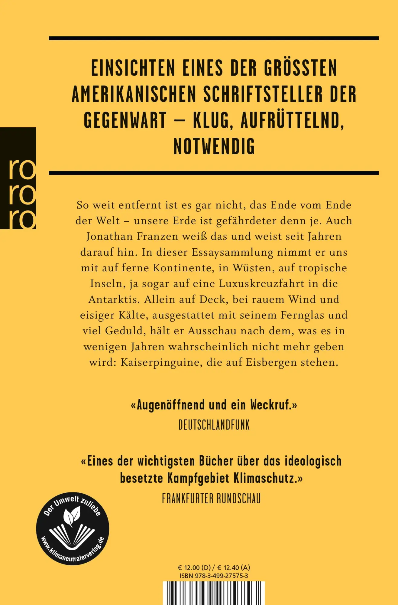 Rückseite: 9783499275753 | Das Ende vom Ende der Welt | Jonathan Franzen | Taschenbuch | 256 S.