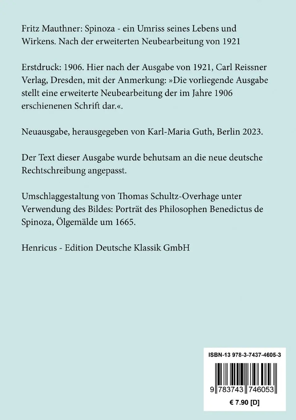 Rückseite: 9783743746053 | Spinoza - ein Umriss seines Lebens und Wirkens | Fritz Mauthner | Buch