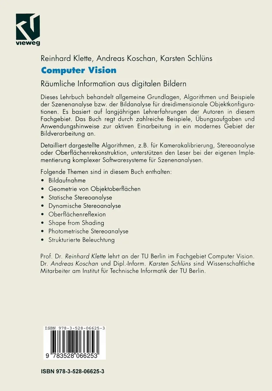 Rückseite: 9783528066253 | Computer Vision | Räumliche Information aus digitalen Bildern | Buch