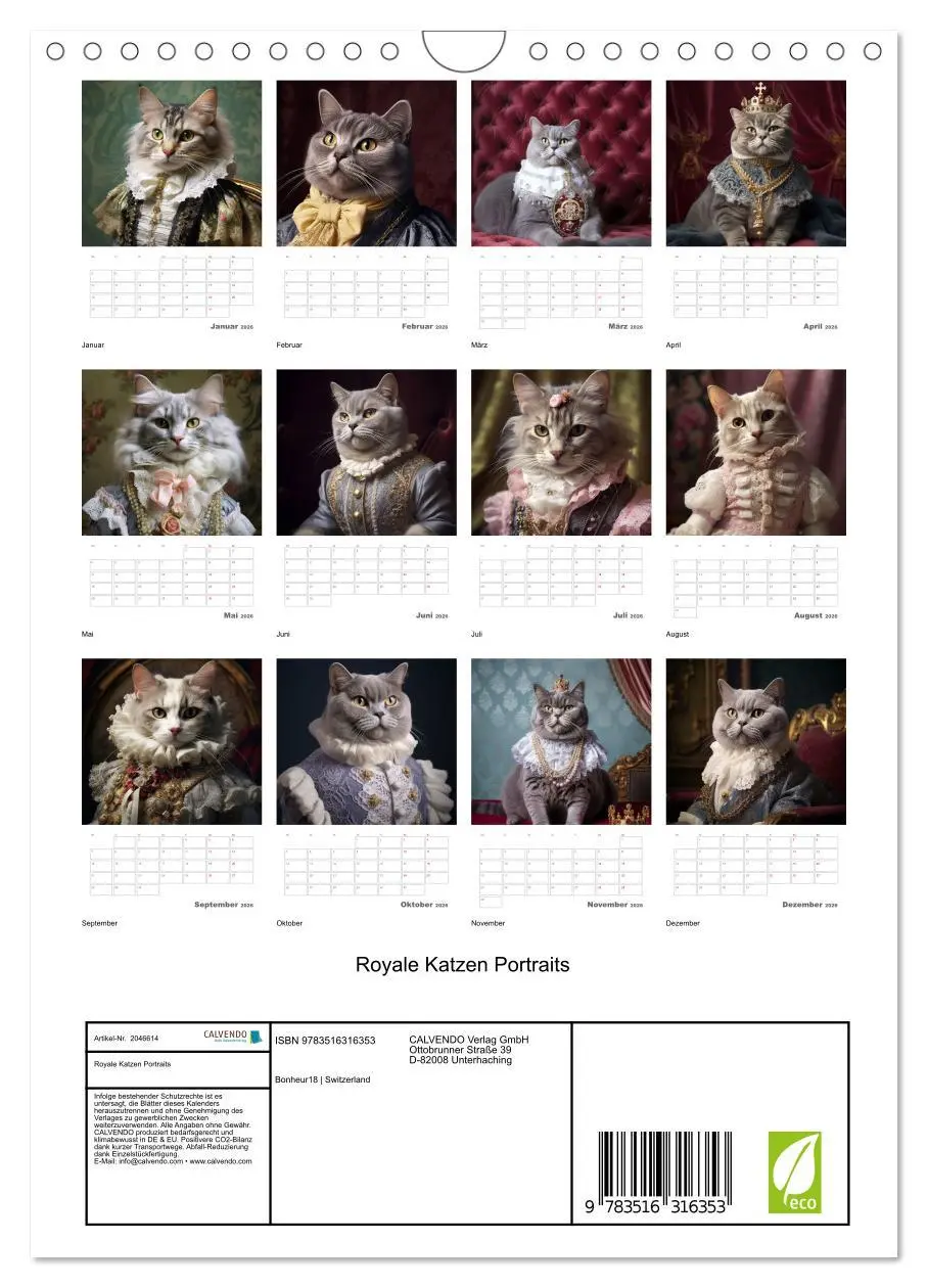 Bild: 9783516316353 | Royale Katzen Portraits (Wandkalender 2026 DIN A4 hoch), CALVENDO...