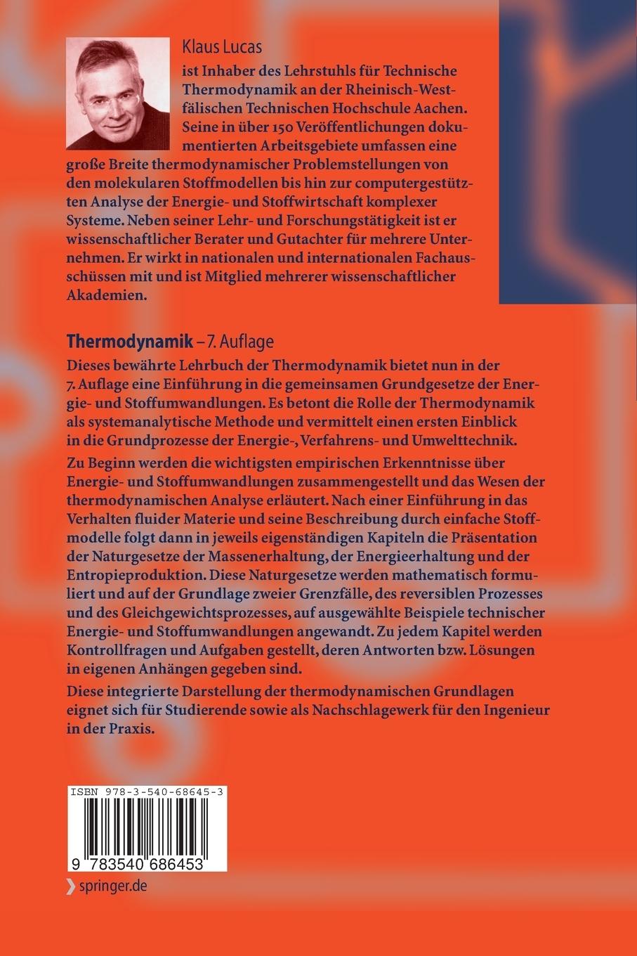 Rückseite: 9783540686453 | Thermodynamik | Die Grundgesetze der Energie- und Stoffumwandlungen