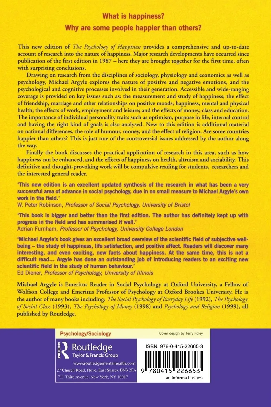 Rückseite: 9780415226653 | The Psychology of Happiness | Michael Argyle | Taschenbuch | Englisch