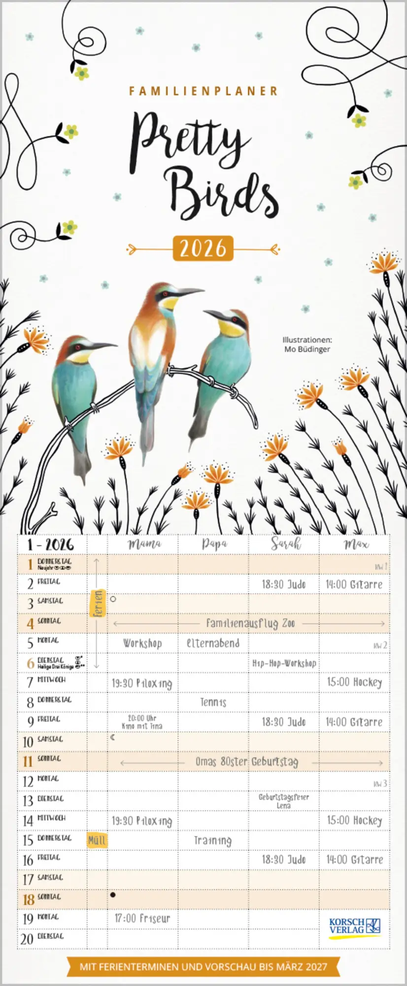Cover: 9783731886853 | Familienplaner Pretty Birds 2026 | Verlag Korsch | Kalender | 14 S.