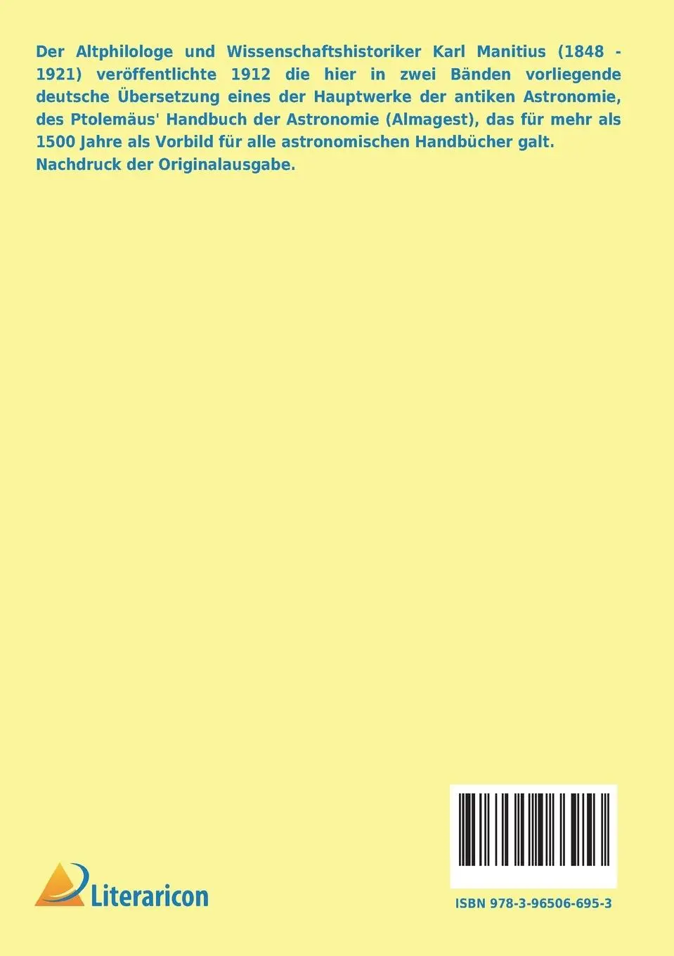 Rückseite: 9783965066953 | Des Claudius Ptolemäus Handbuch der Astronomie | 1. Band | Manitius