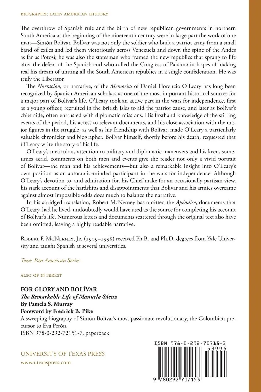 Rückseite: 9780292707153 | Bolívar and the War of Independence | Daniel Florencio O'Leary | Buch