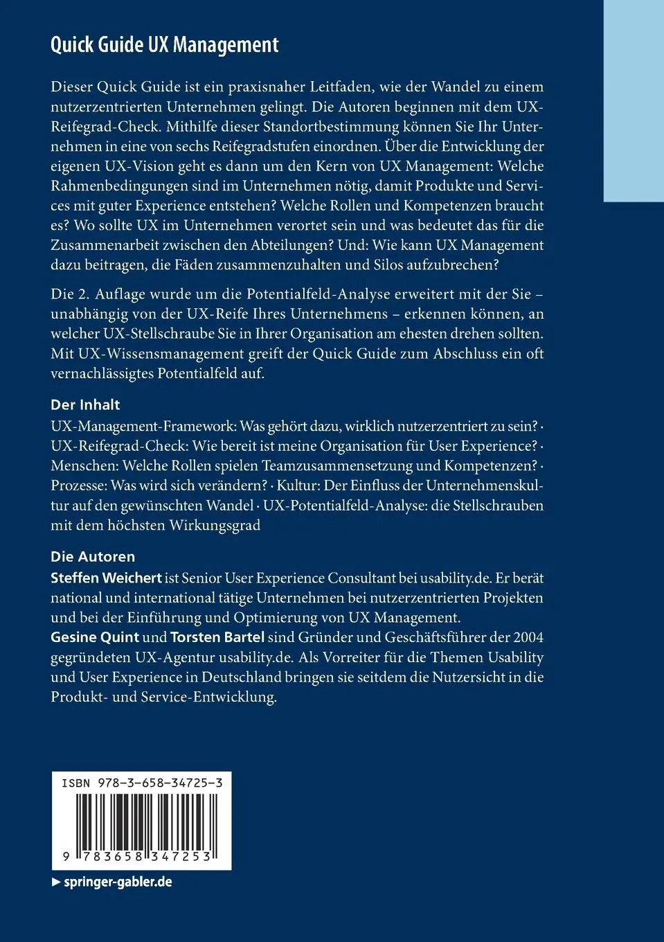Rückseite: 9783658347253 | Quick Guide UX Management | Steffen Weichert (u. a.) | Taschenbuch