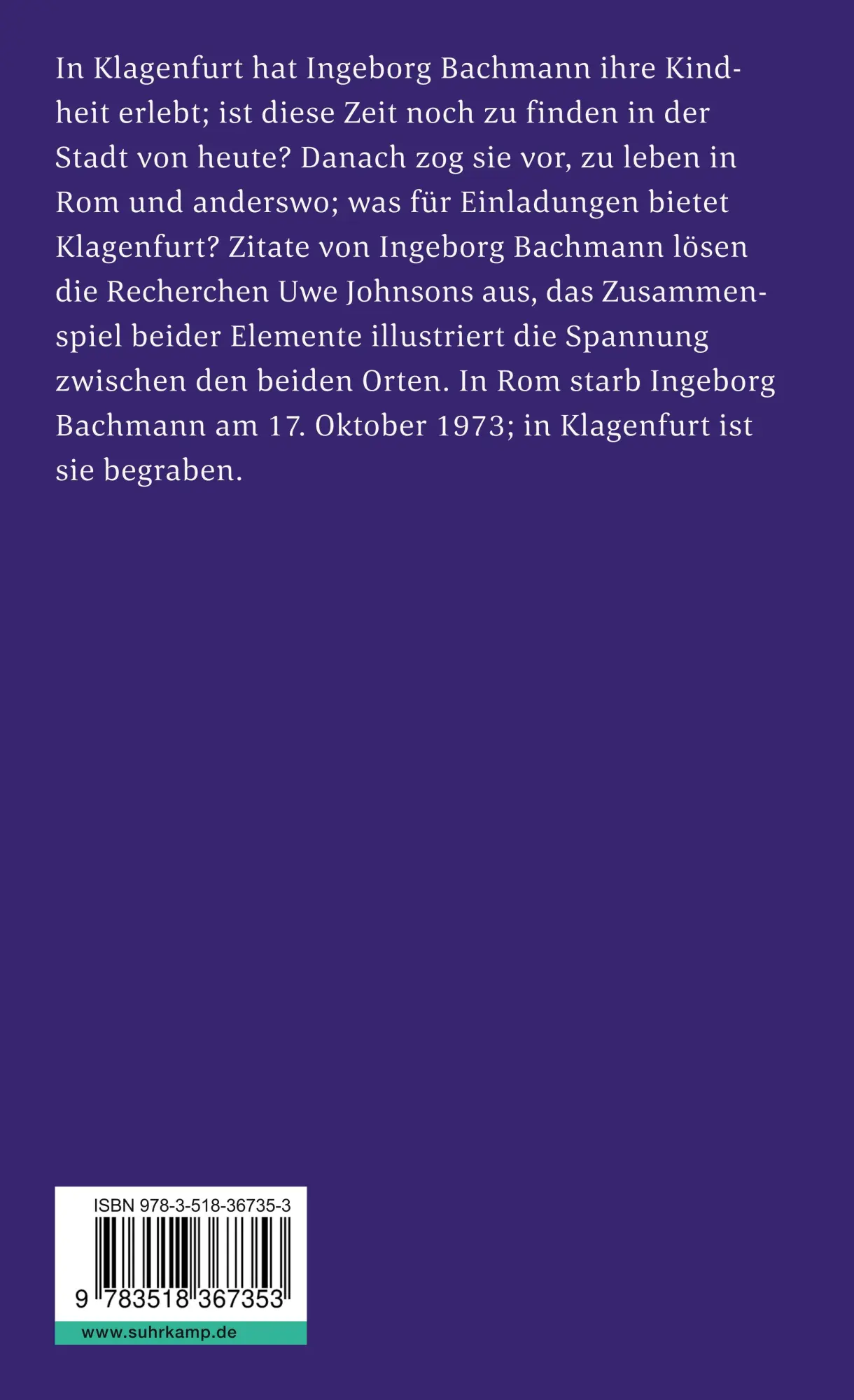 Rückseite: 9783518367353 | Eine Reise nach Klagenfurt | Uwe Johnson | Taschenbuch | 109 S.