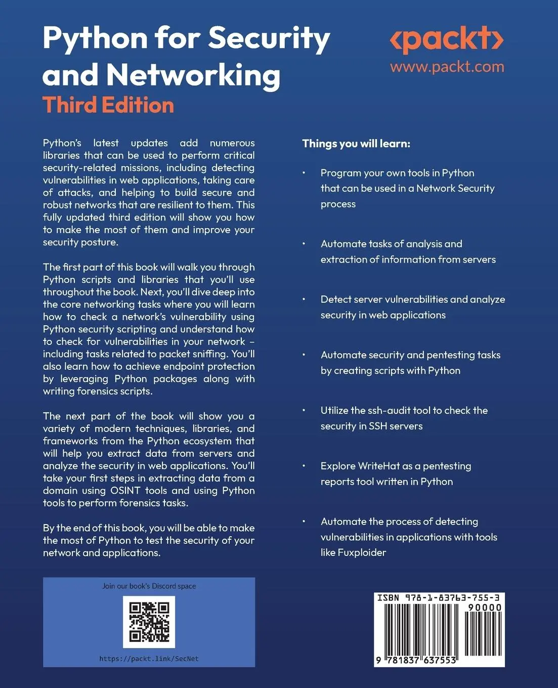 Rückseite: 9781837637553 | Python for Security and Networking - Third Edition | Ortega | Buch