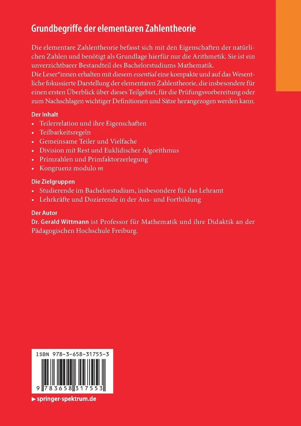 Rückseite: 9783658317553 | Grundbegriffe der elementaren Zahlentheorie | Gerald Wittmann | Buch