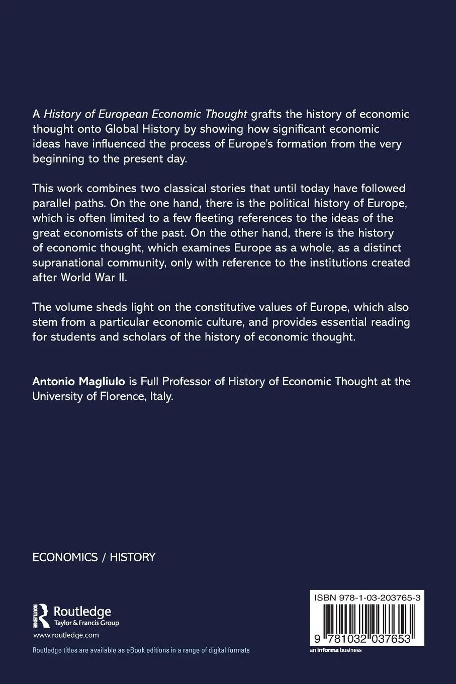 Rückseite: 9781032037653 | A History of European Economic Thought | Antonio Magliulo | Buch