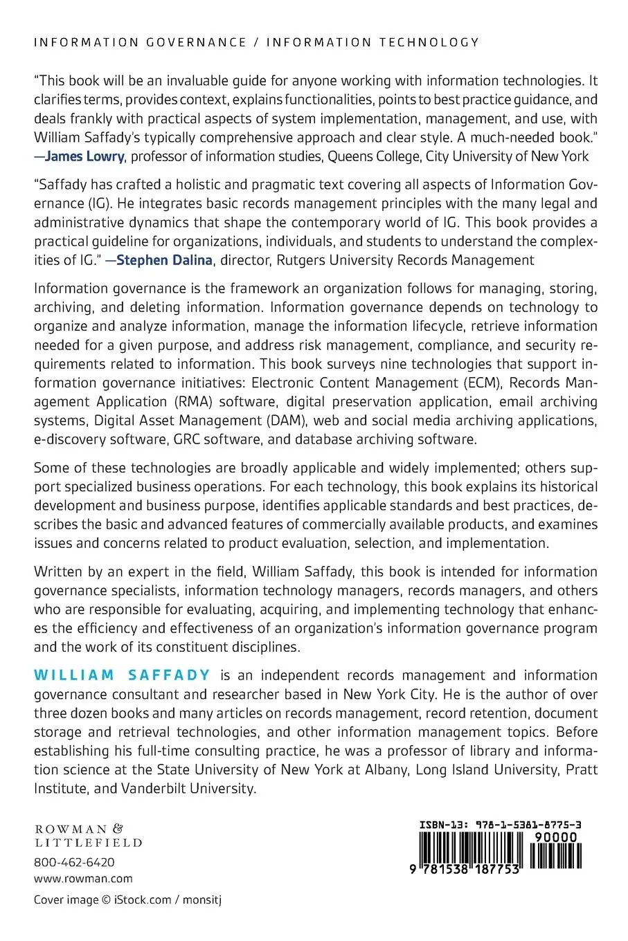 Rückseite: 9781538187753 | Information Governance Technologies | A Guide | William Saffady | Buch