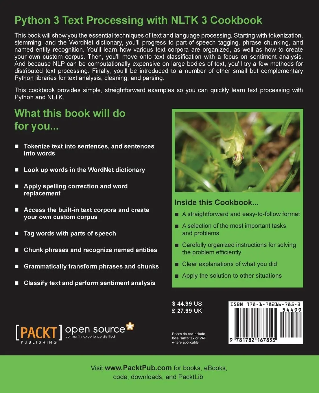 Rückseite: 9781782167853 | Python 3 Text Processing with NLTK 3 Cookbook | Jacob Perkins | Buch