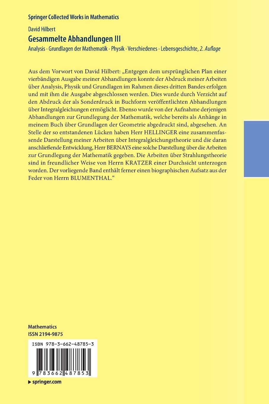 Rückseite: 9783662487853 | Gesammelte Abhandlungen III | David Hilbert | Taschenbuch | xii | 2016