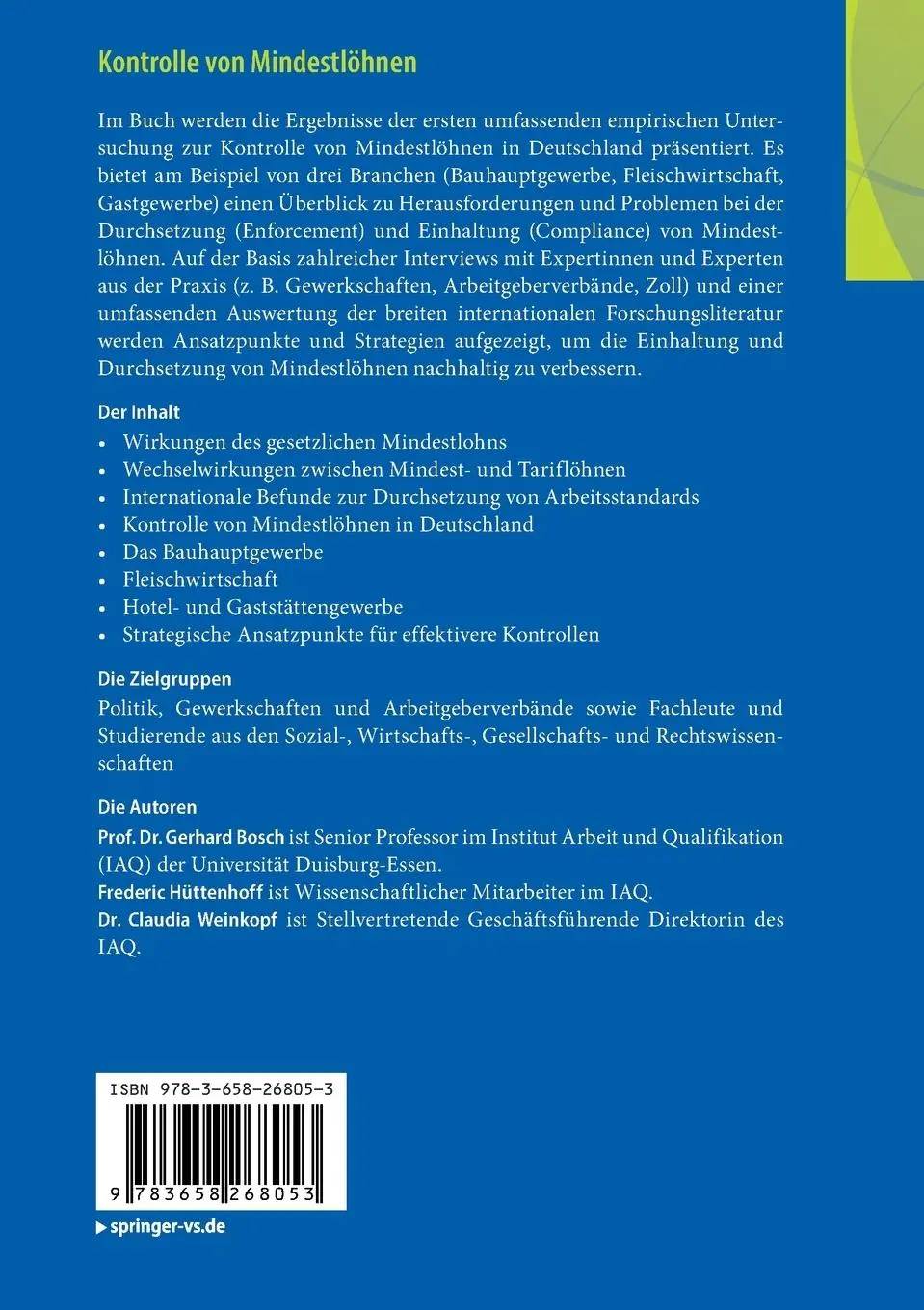 Rückseite: 9783658268053 | Kontrolle von Mindestlöhnen | Gerhard Bosch (u. a.) | Taschenbuch