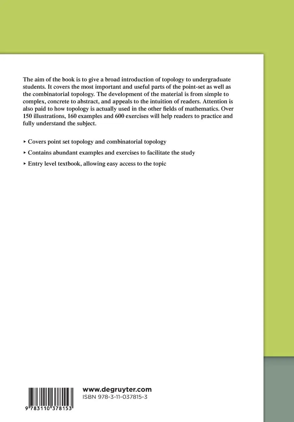 Rückseite: 9783110378153 | Introduction to Topology | Min Yan | Taschenbuch | De Gruyter Textbook