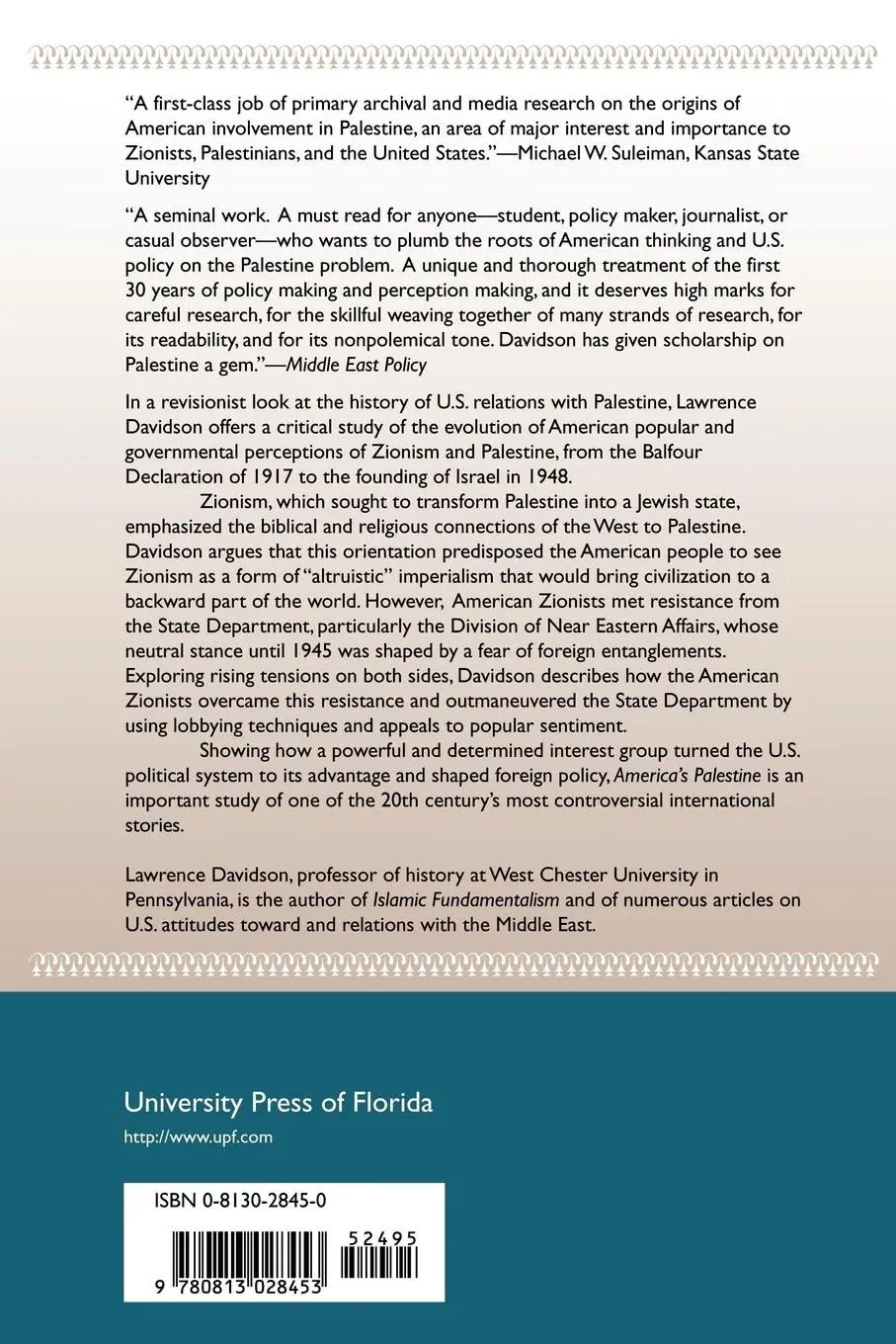 Rückseite: 9780813028453 | America's Palestine | Lawrence Davidson | Taschenbuch | Englisch