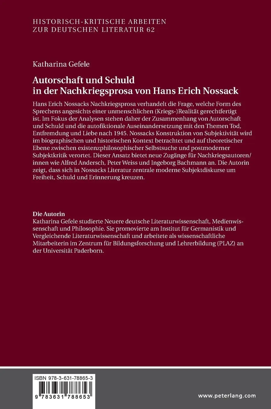 Rückseite: 9783631788653 | Autorschaft und Schuld in der Nachkriegsprosa von Hans Erich Nossack