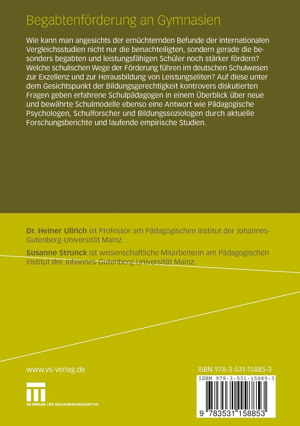 Rückseite: 9783531158853 | Begabtenförderung an Gymnasien | Entwicklungen, Befunde, Perspektiven