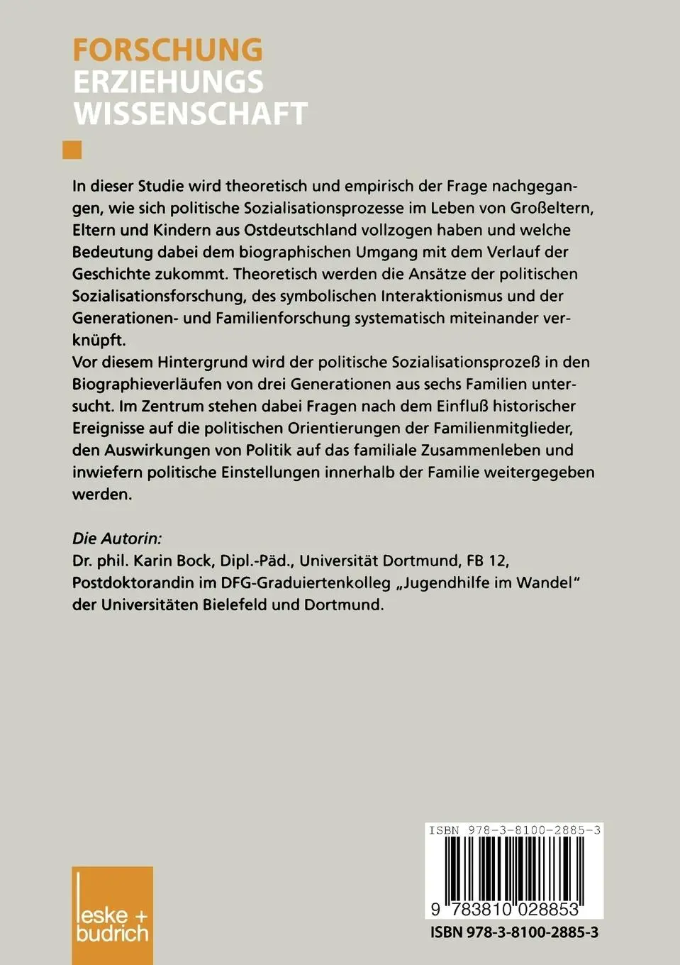 Rückseite: 9783810028853 | Politische Sozialisation in der Drei-Generationen-Familie | Karin Bock