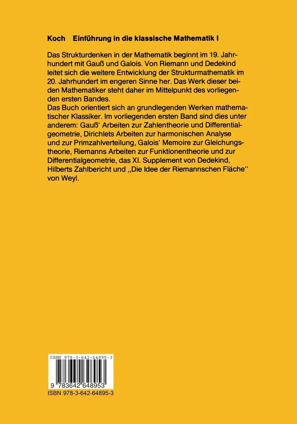 Rückseite: 9783642648953 | Einführung in die klassische Mathematik I | H. Koch | Taschenbuch