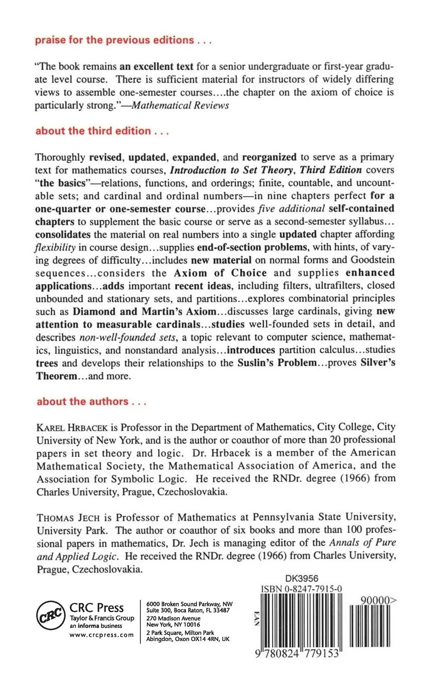 Rückseite: 9780824779153 | Introduction to Set Theory, Revised and Expanded | Hrbacek (u. a.)