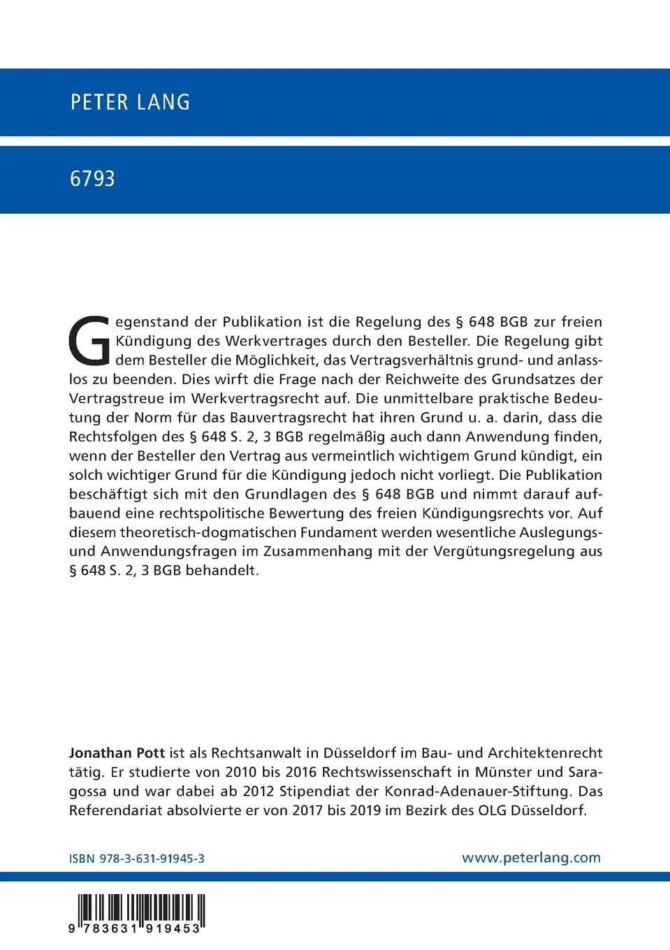 Rückseite: 9783631919453 | Die freie Kündigung des Werkvertrages gemäß § 648 BGB | Jonathan Pott