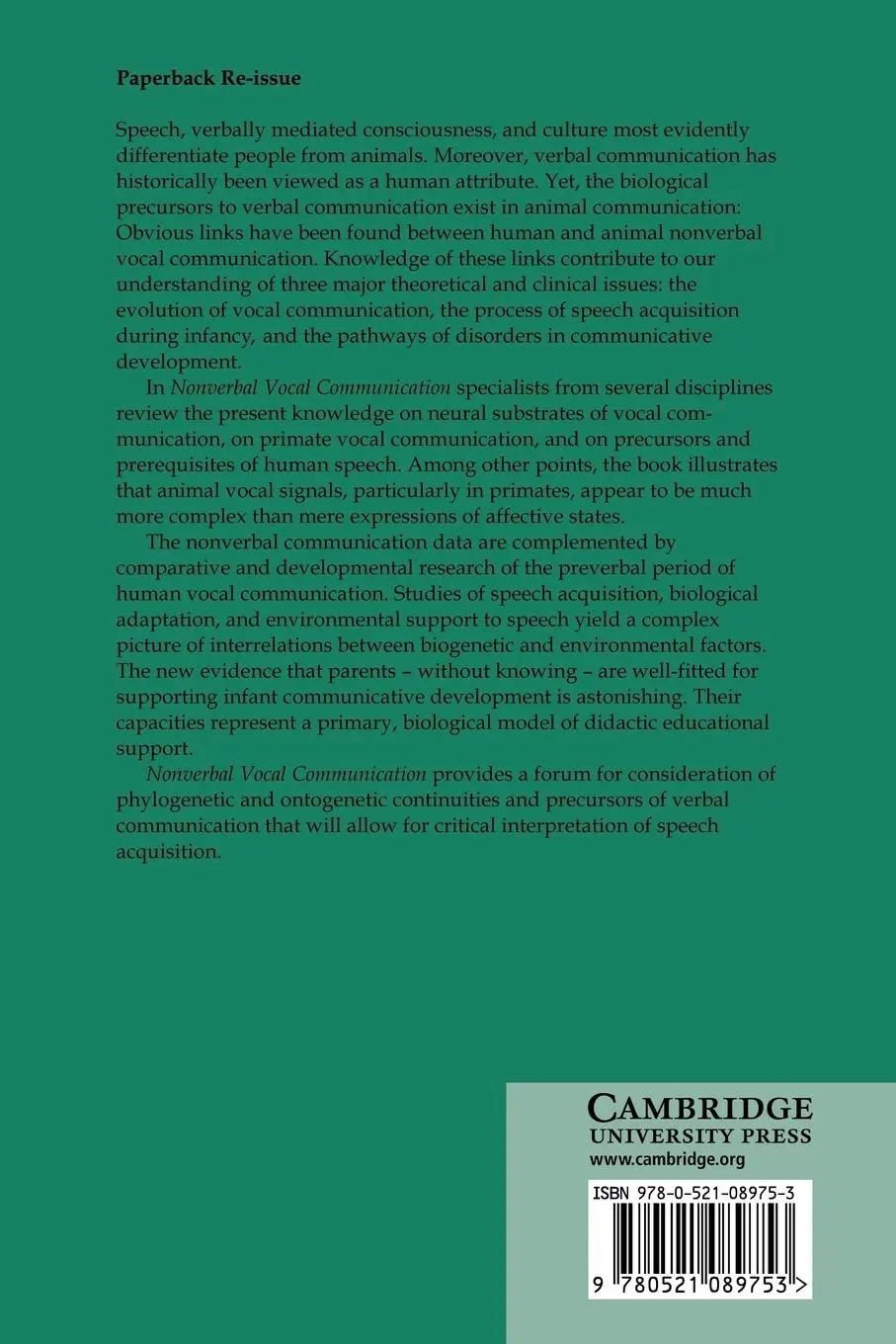 Rückseite: 9780521089753 | Nonverbal Vocal Communication | H. Papousek (u. a.) | Taschenbuch