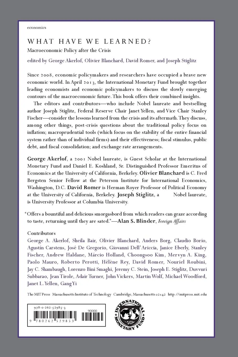 Rückseite: 9780262529853 | What Have We Learned? | Macroeconomic Policy after the Crisis | Buch