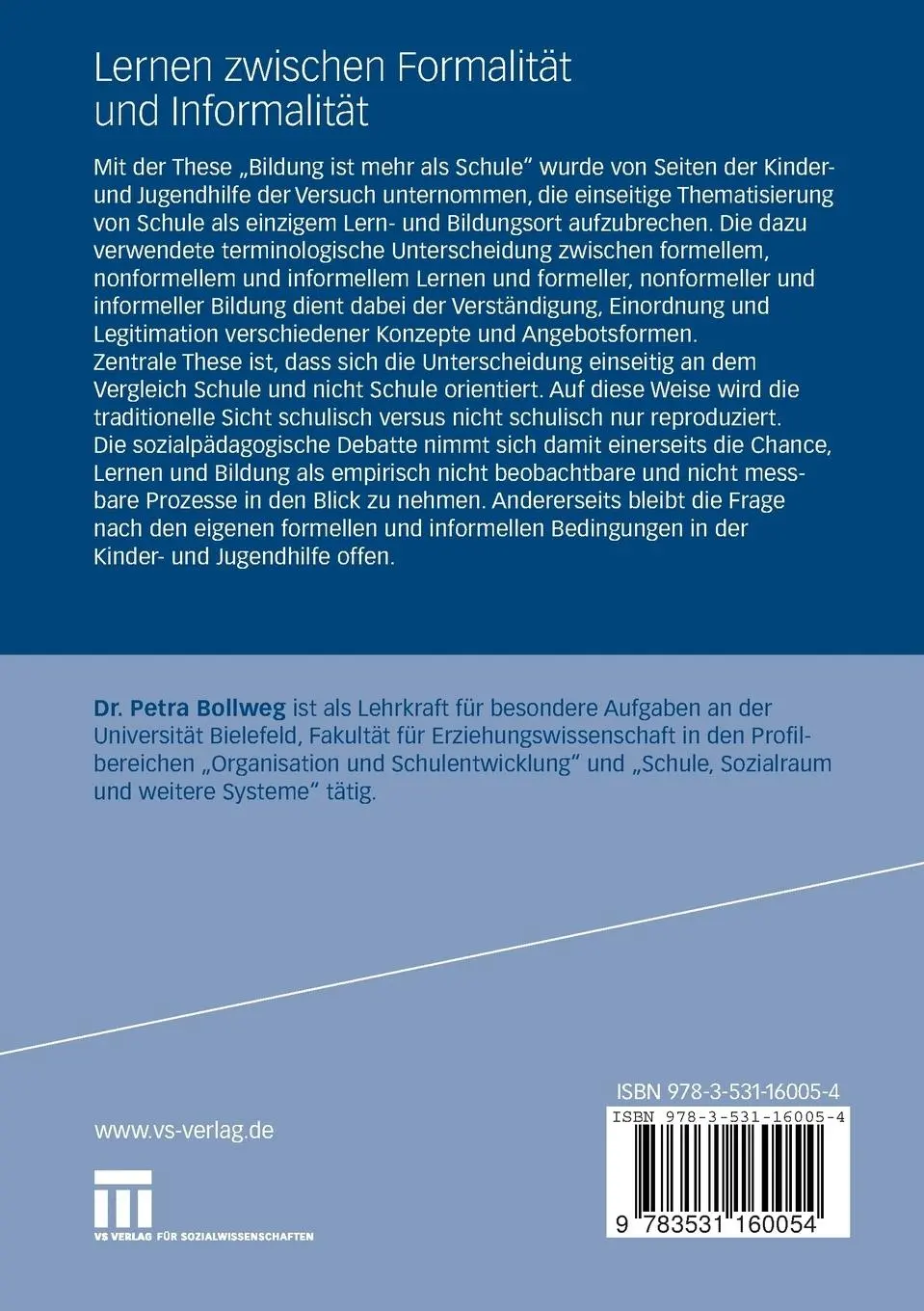 Rückseite: 9783531160054 | Lernen zwischen Formalität und Informalität | Petra Bollweg | Buch