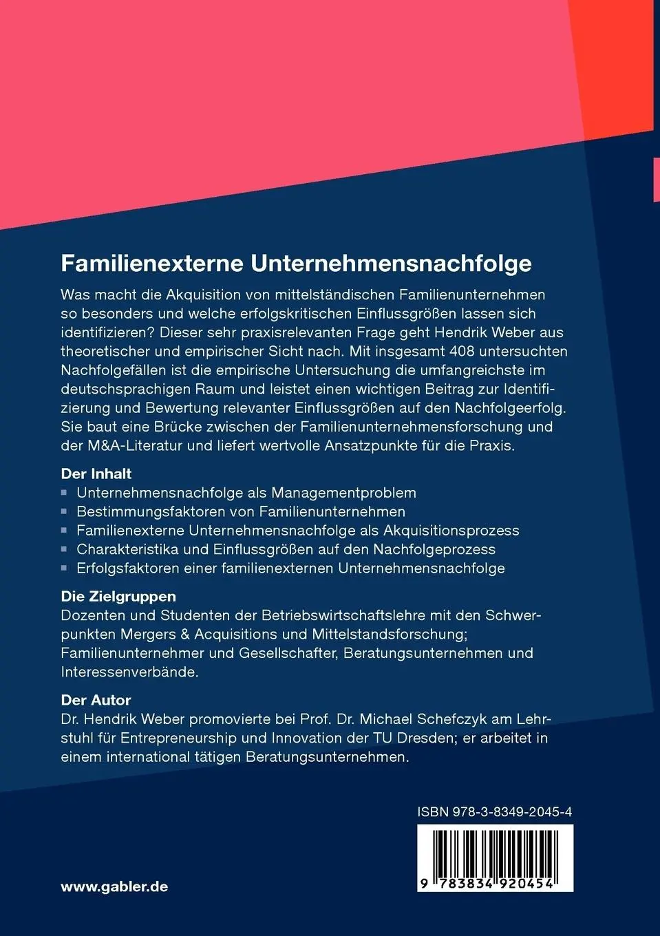 Rückseite: 9783834920454 | Familienexterne Unternehmensnachfolge | Hendrik Weber | Taschenbuch