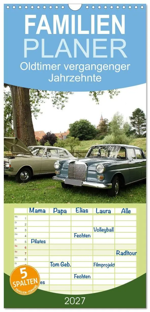 Cover: 9783594330654 | Familienplaner 2027 - Oldtimer vergangenger Jahrzehnte mit 5...