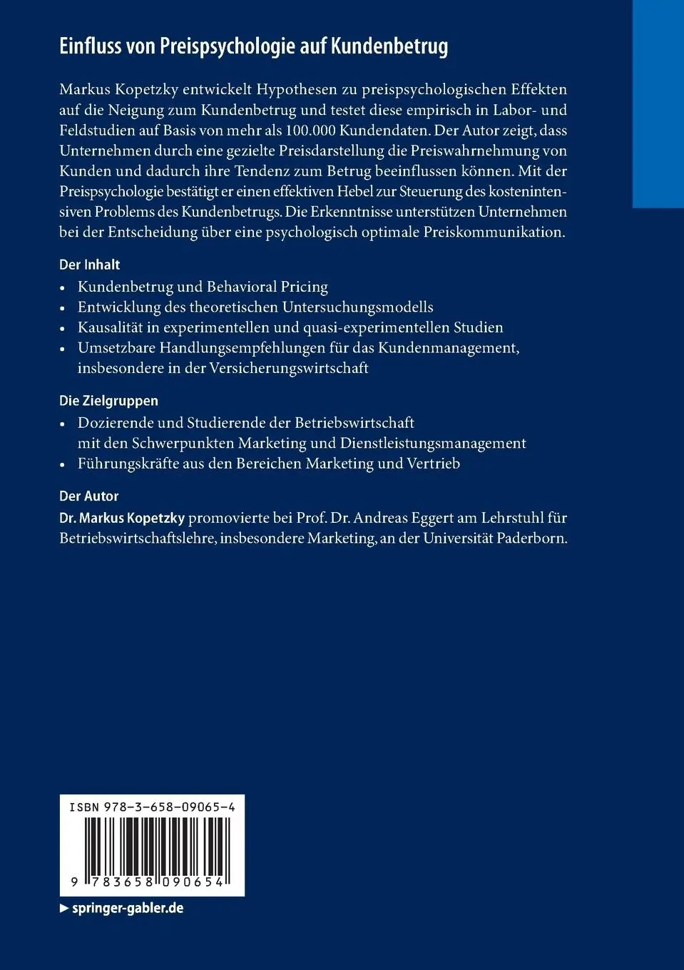 Rückseite: 9783658090654 | Einfluss von Preispsychologie auf Kundenbetrug | Markus Kopetzky | xx