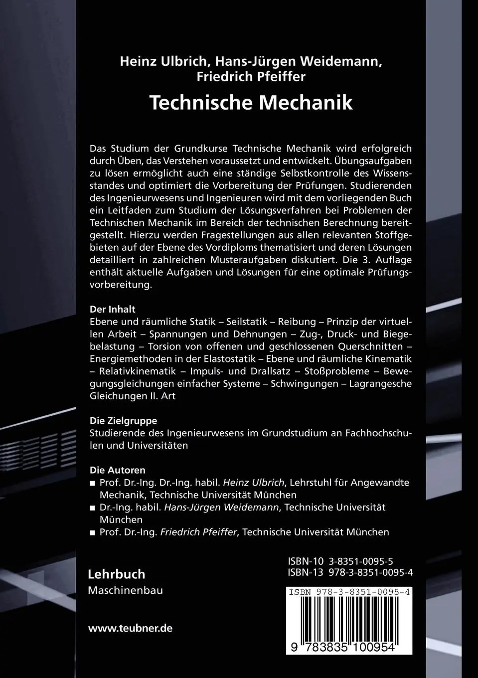 Rückseite: 9783835100954 | Technische Mechanik in Formeln, Aufgaben und Lösungen | Taschenbuch