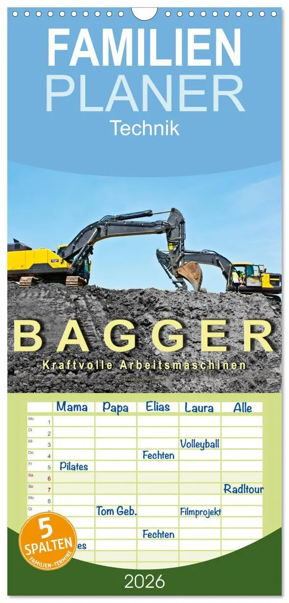 Cover: 9783516521054 | Familienplaner 2026 - Bagger - kraftvolle Arbeitsmaschinen mit 5...